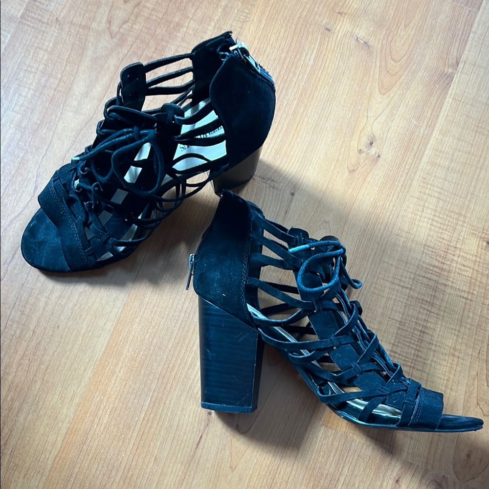 JustFab Black Strappy Heels with Block Heel